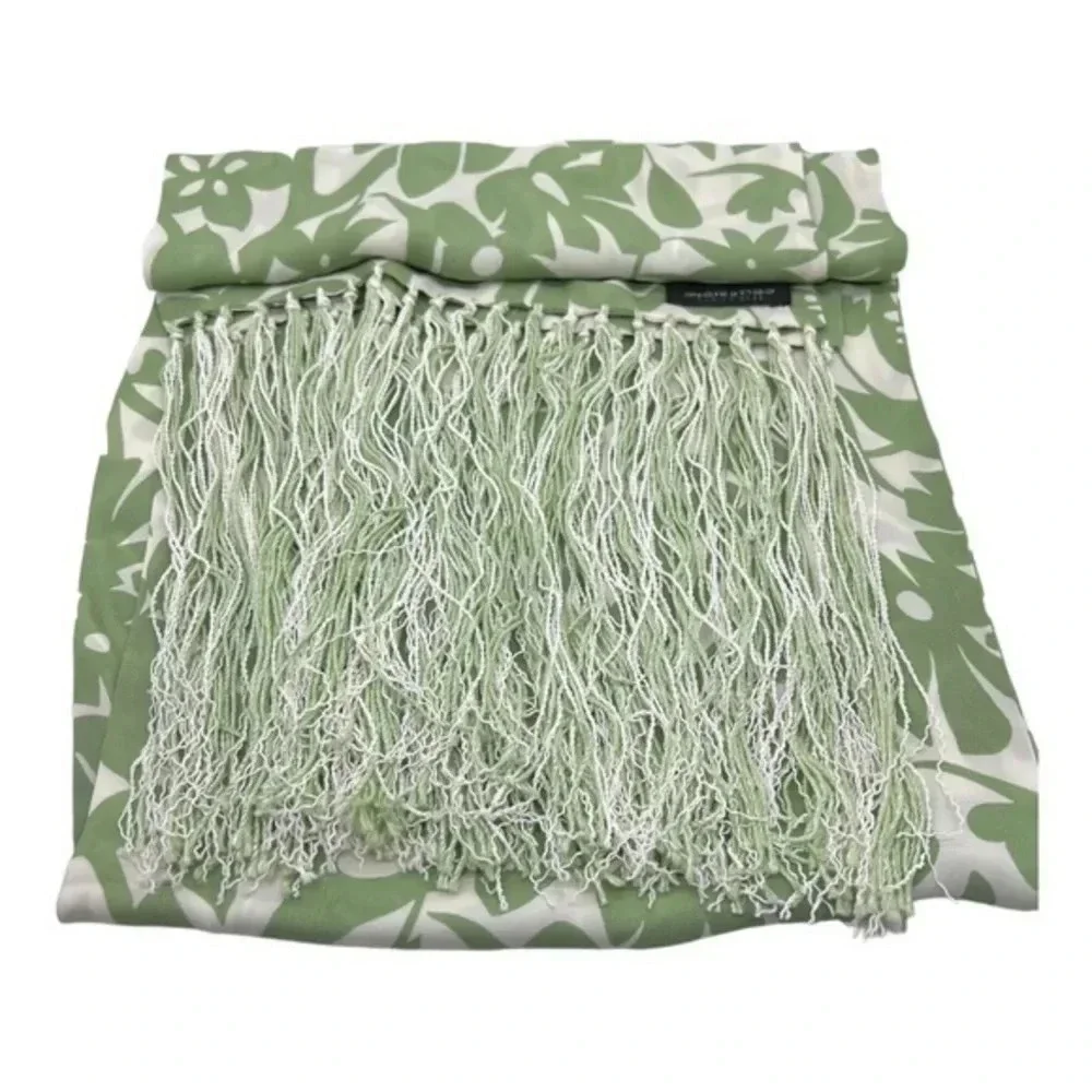 Juliana Collezione 100% Silk Fringed Scarf Cream Sage Green‎ Floral Print​​​
